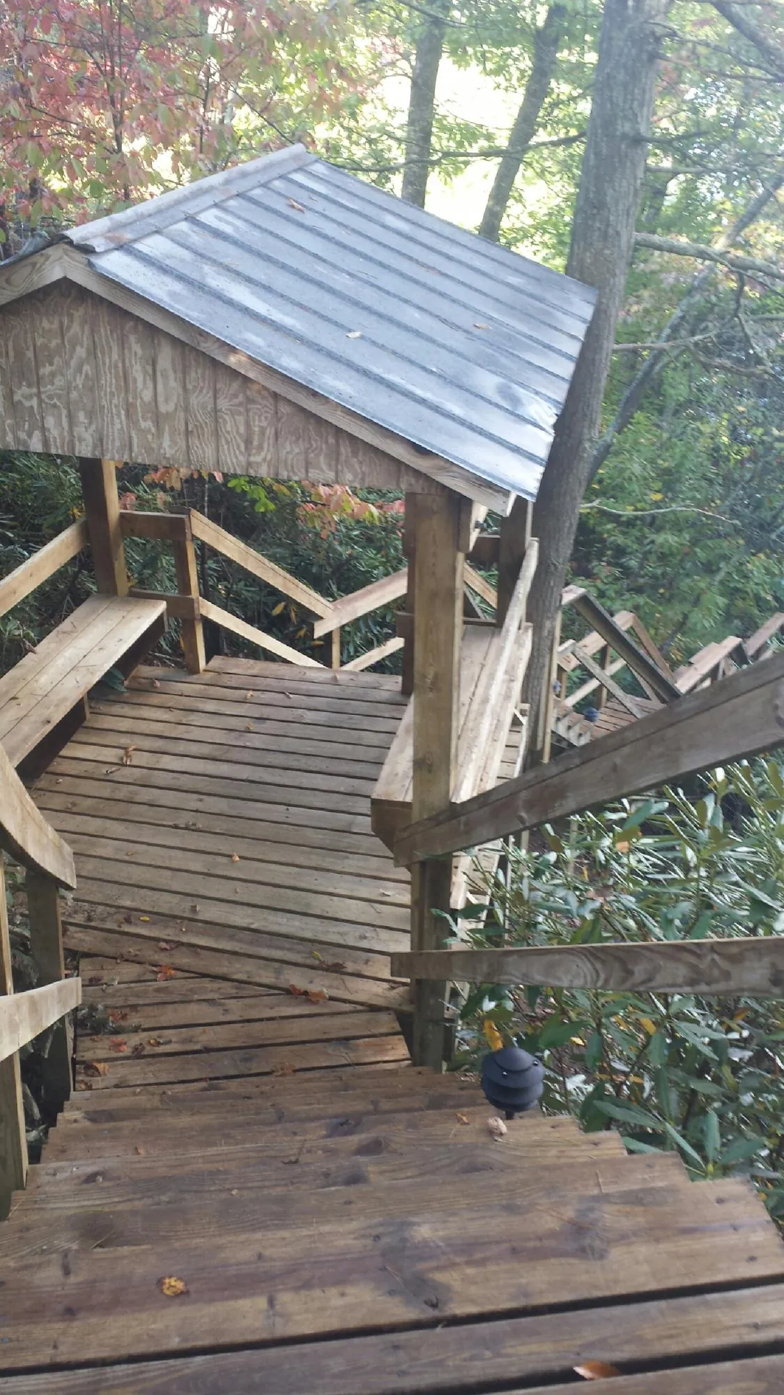 Metal roofed shelter over wooden steps on a wooded walkway — Skylight Repair & Installation work by our crew in Mc Intire